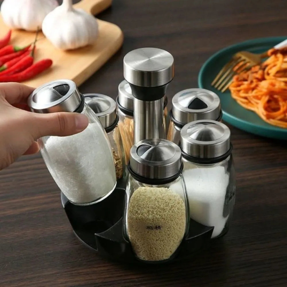Porta Temperos Giratório Inox com 6 Potes de Vidro 100ml