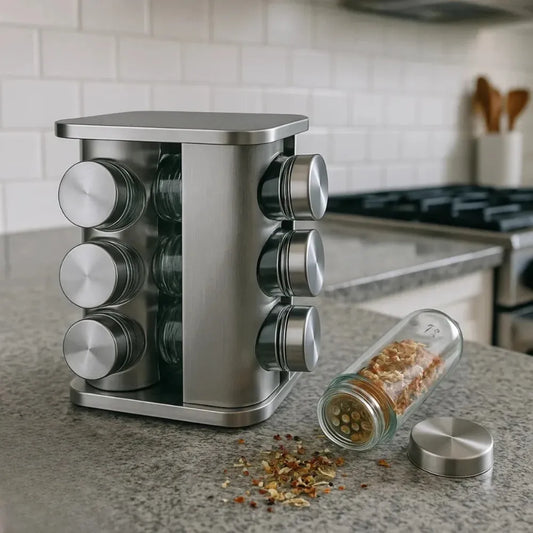 Porta Temperos Giratório Inox Premium 8 ou 12 Peças