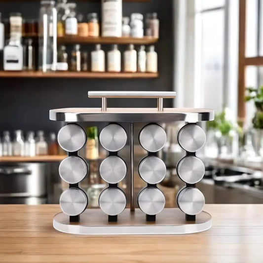 Porta Temperos Vertical Inox com 12 Potes de Vidro